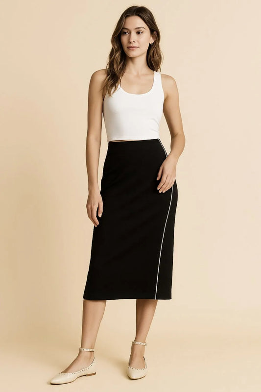 Umgee Midi Pencil Skirt with Contrast Piping in Black