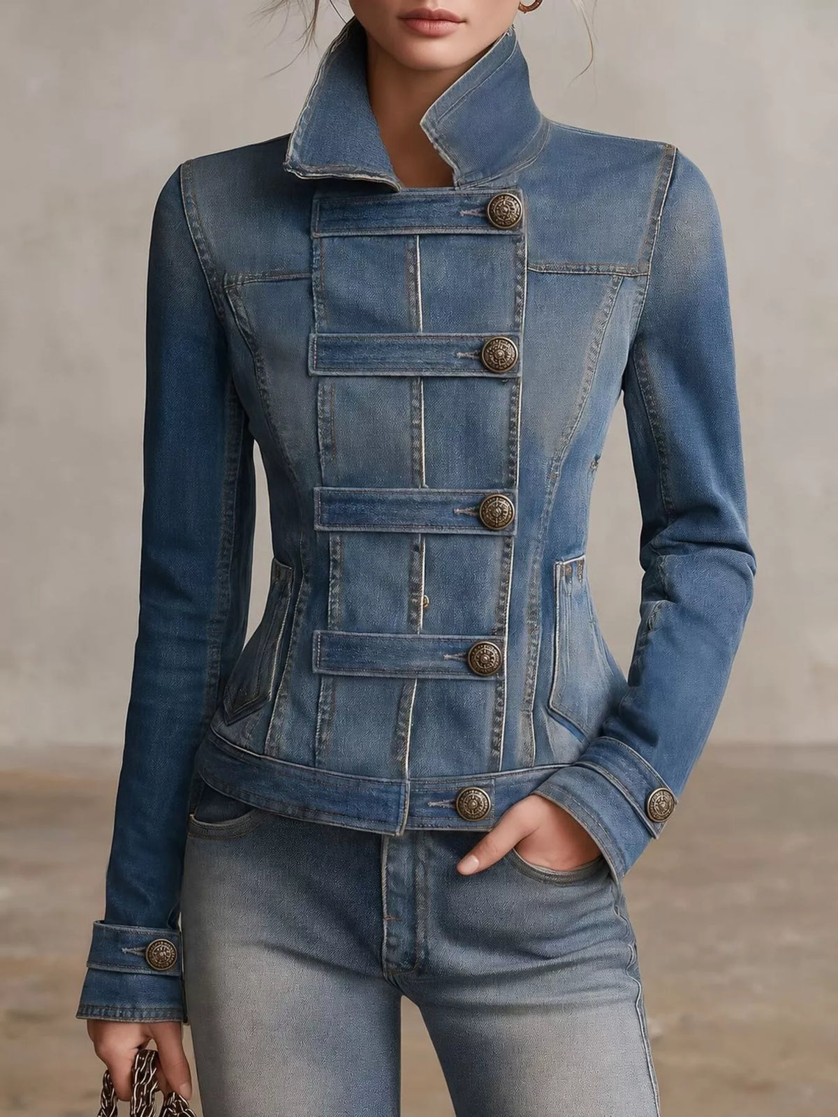 Button-Up Fitted Denim Jacket in Dusty Blue