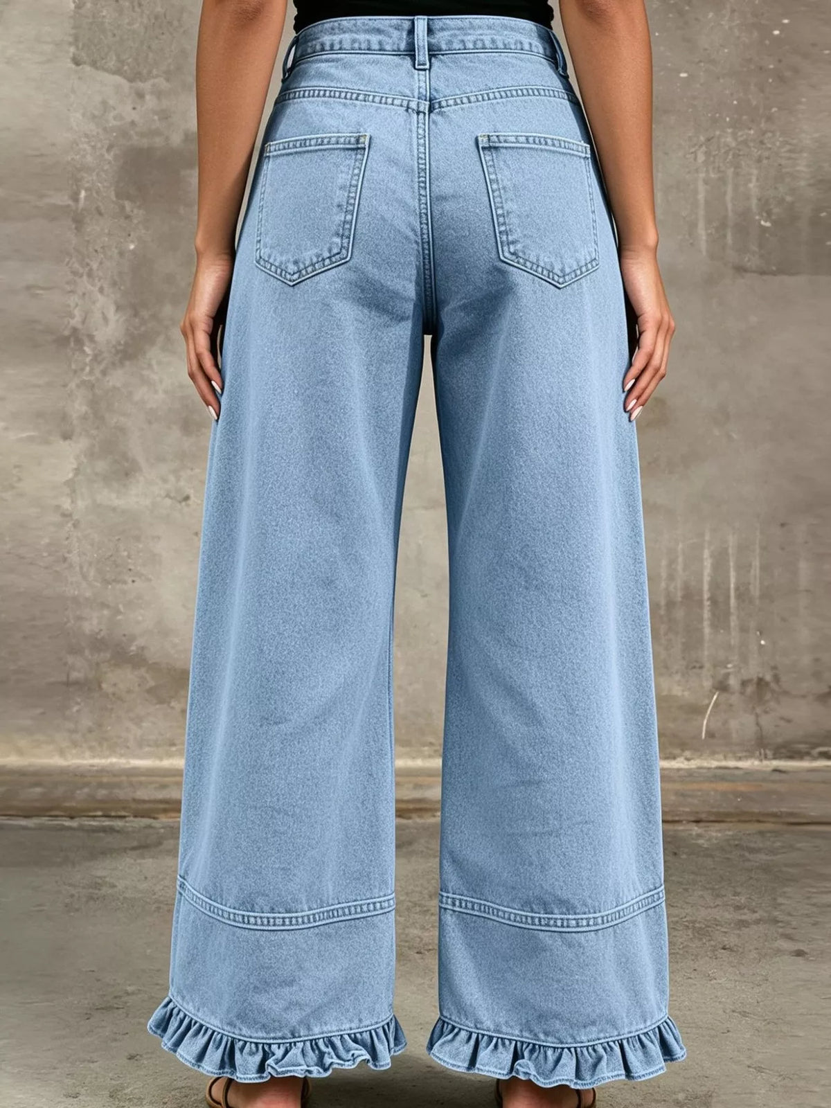 High-Waisted Wide-Leg Ruffled Hem Jeans by Dreamy Drapes