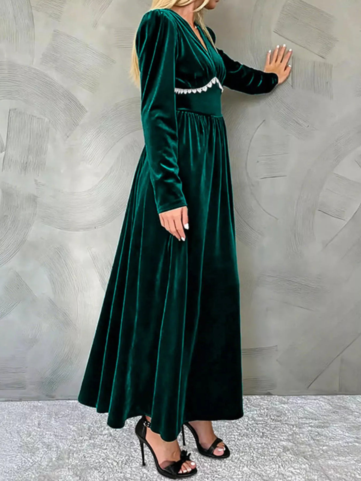 Velvet V-Neck Maxi Dress in Green