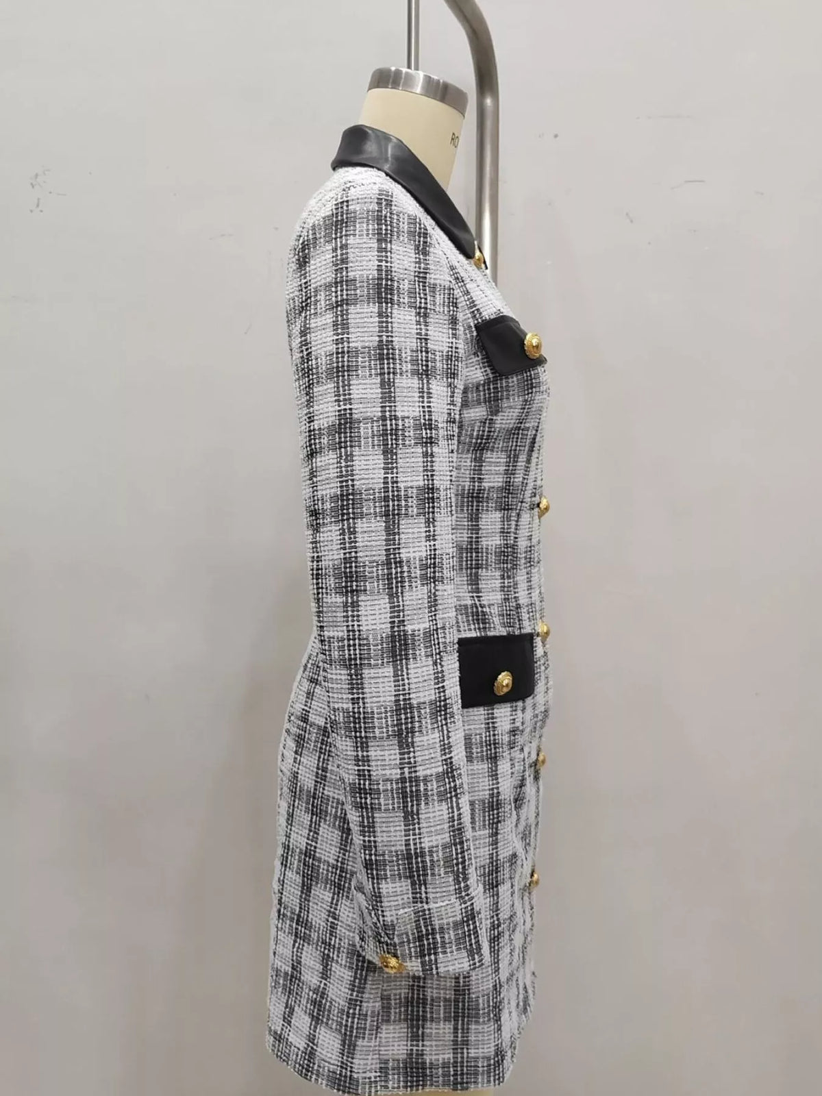 Long Sleeve Plaid Tweed Button-Down Mini Dress in Black