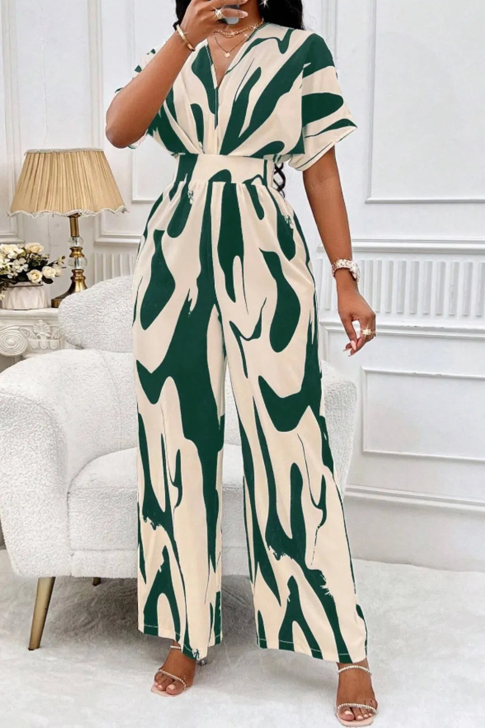 Printed V-Neck Wide Leg Jumpsuit