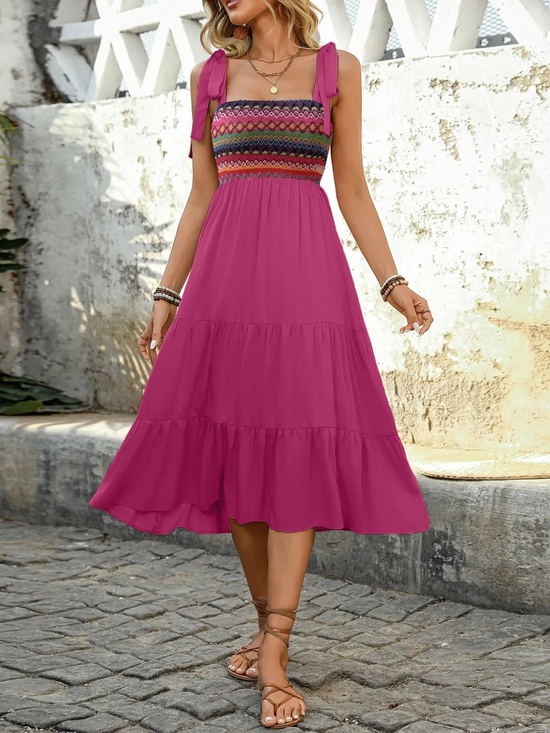 Tie-Shoulder Tiered Midi Dress in Cerise