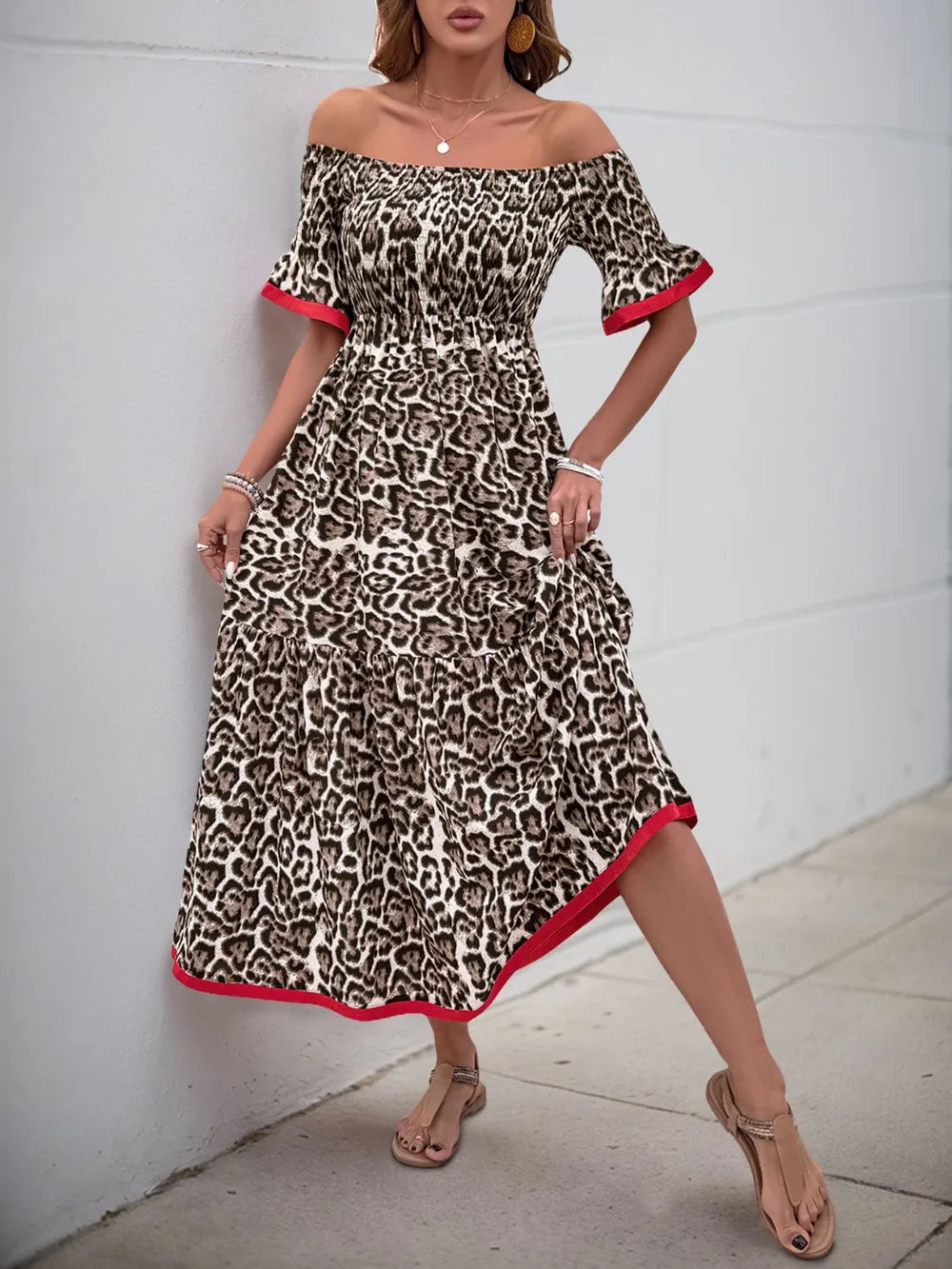 Leopard Off-Shoulder Flounce Sleeve Midi Dress