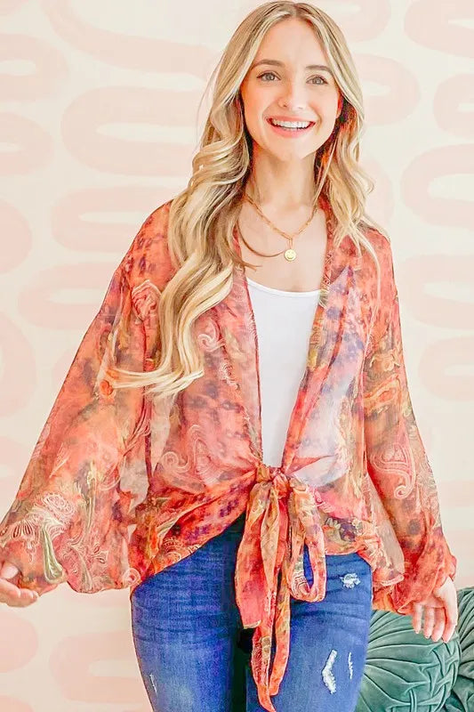 And The Why Front Tie Knot Oversized Print Top in Rust