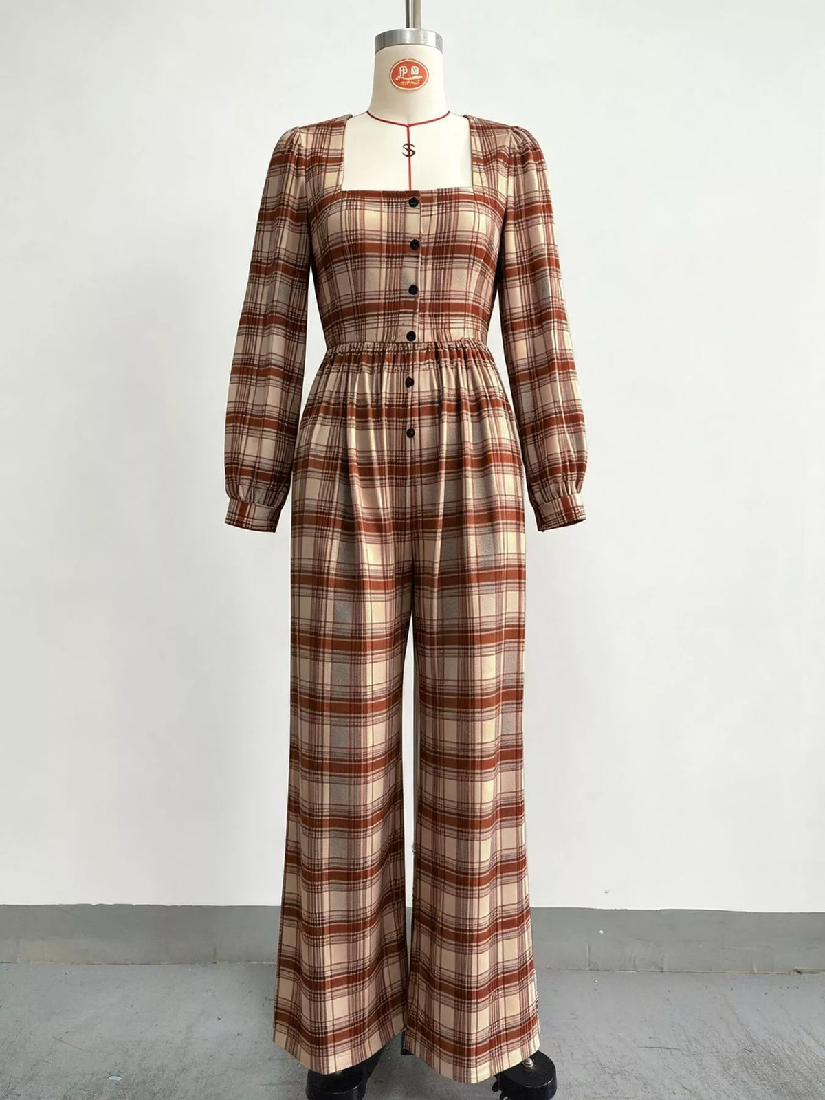 Plaid Square-Neck Wide-Leg Jumpsuit