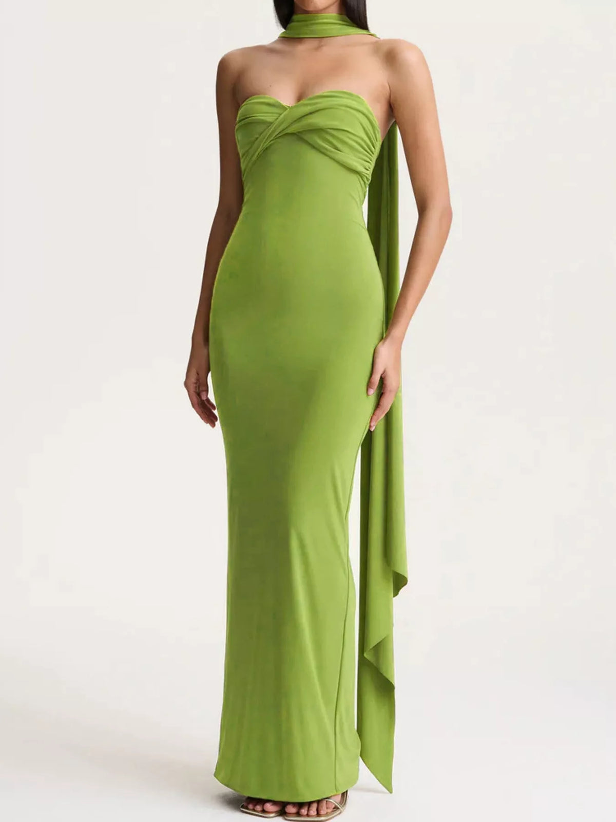 Strapless Ruched Bodycon Maxi Dress with Scarf
