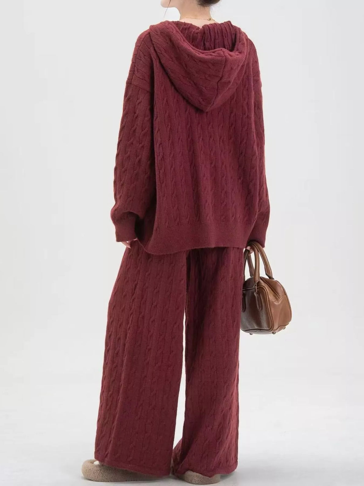 Cable Knit Zip-Up Hooded Cardigan and Wide-Leg Pants Set