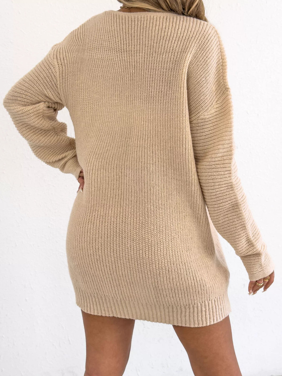 V-Neck Ribbed Sweater Dress with Floral Appliques