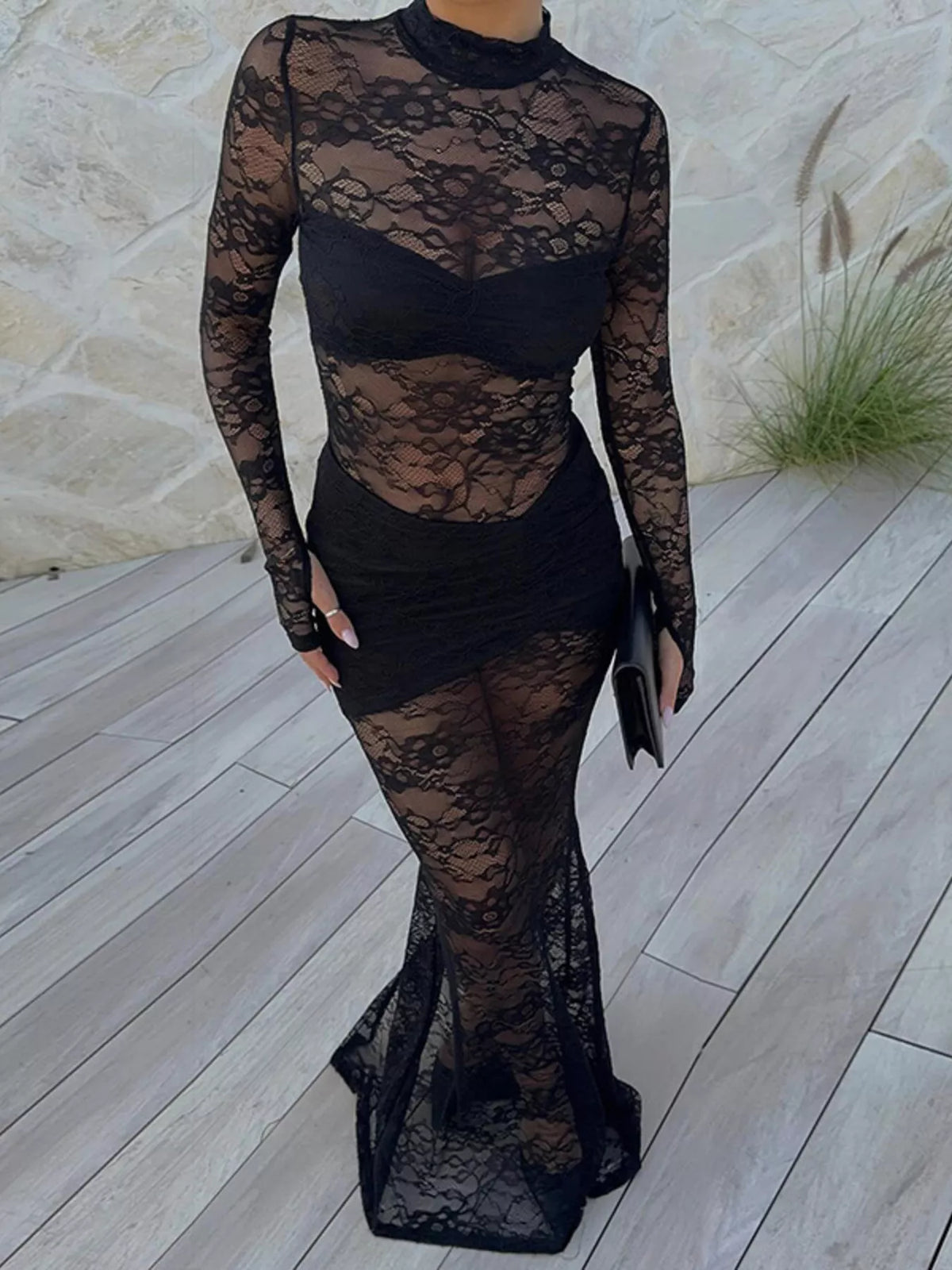Lace Sheer Mock Neck Maxi Dress