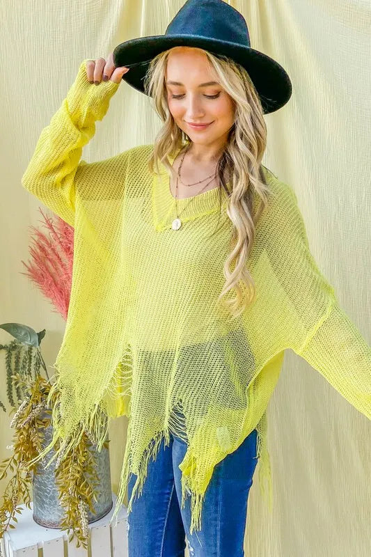 And The Why Distressed Mesh V-Neck Cover-Up in Yellow