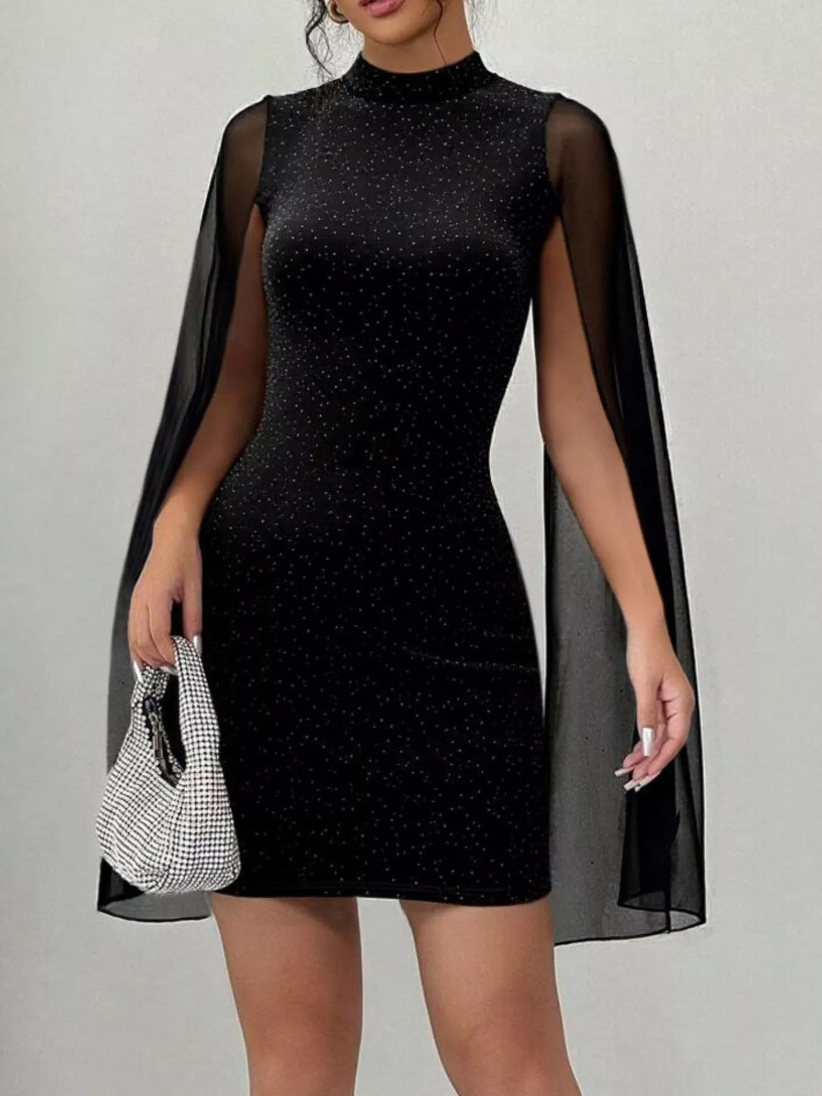 Glitter Mesh Slit Sleeve Bodycon Mini Dress in Black