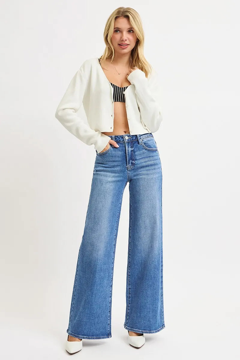 Risen High-Rise Wide Leg Jeans in Medium Wash