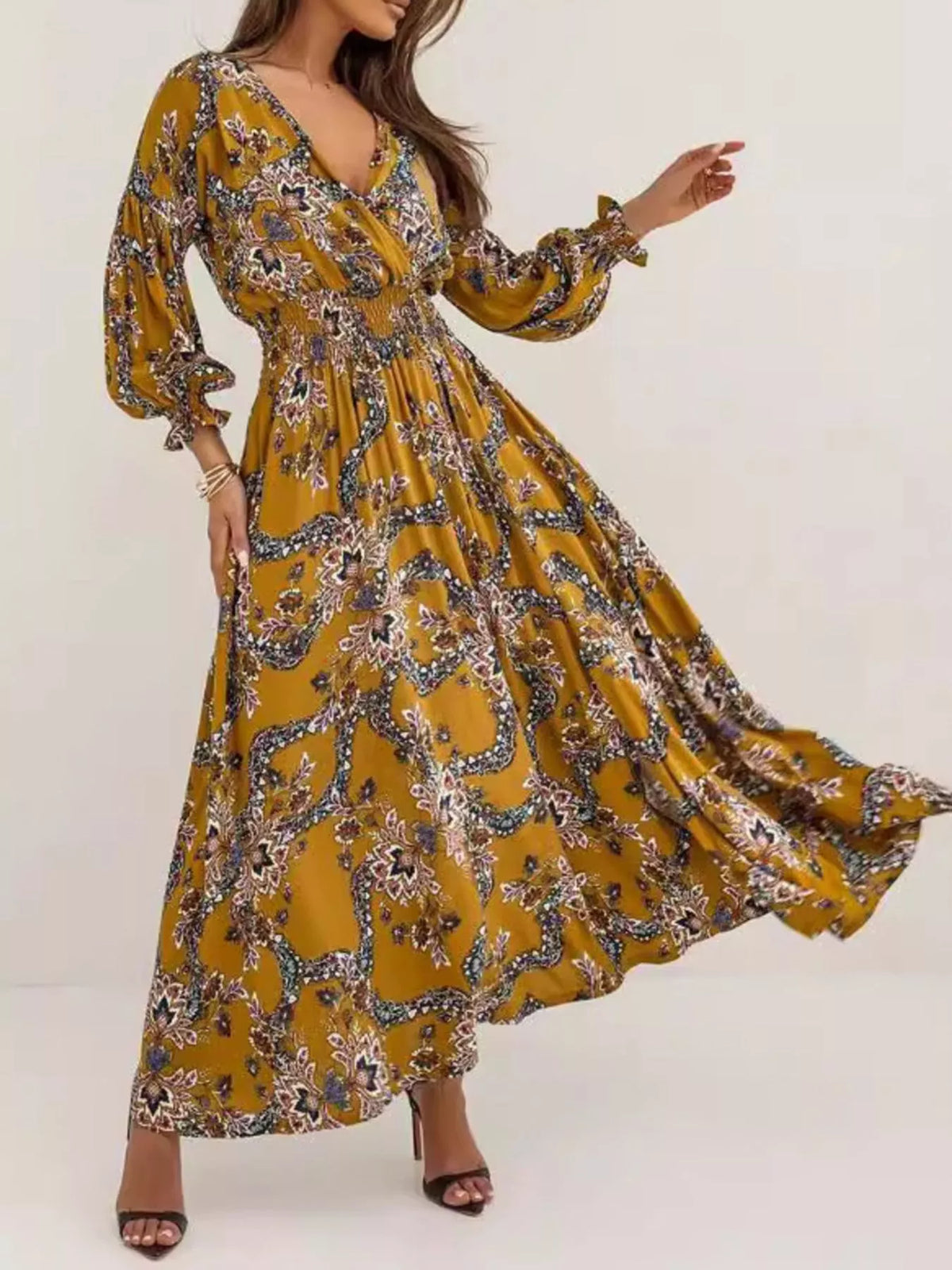 Printed Maxi Dress with Plunging Neckline