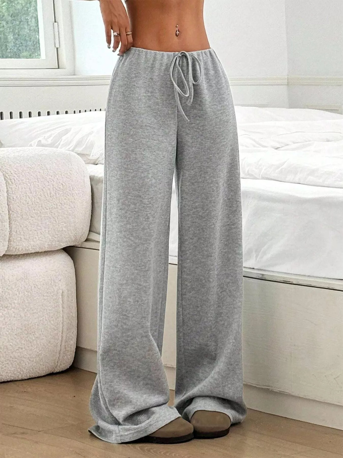 Ribbed Knit Drawstring Wide-Leg Pants