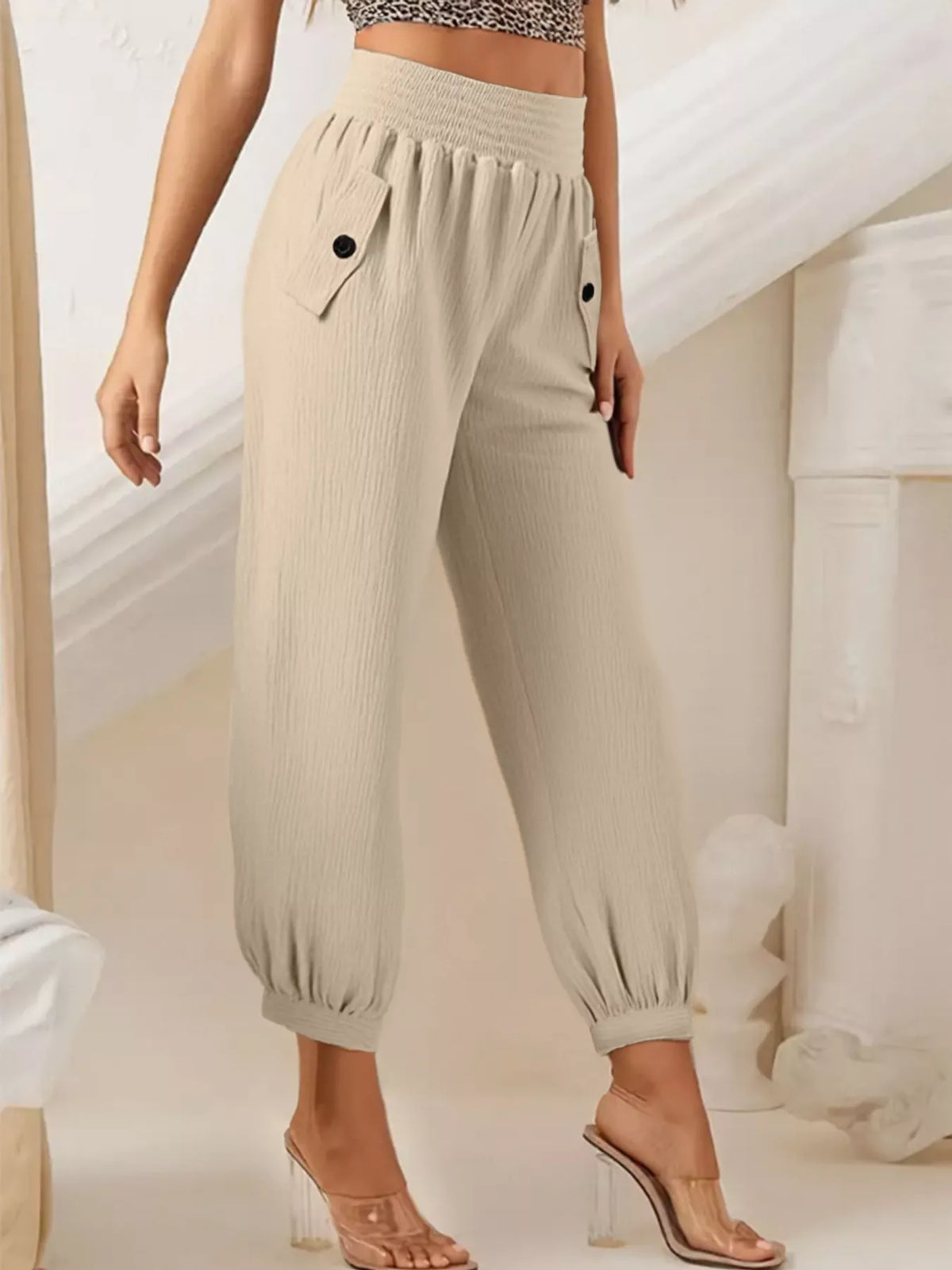 Smocked Textured Casual Pants in Beige