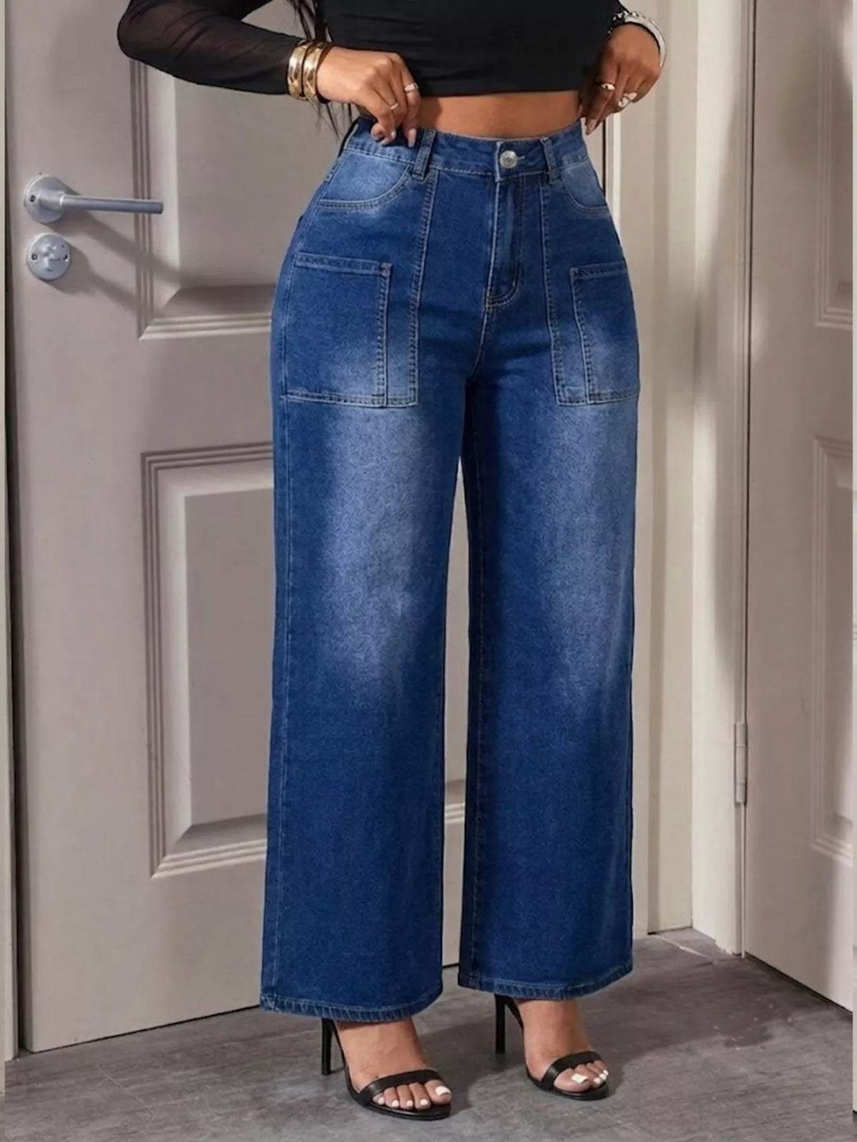 High-Waisted Wide Leg Jeans in Peacock Blue in Peacock  Blue
