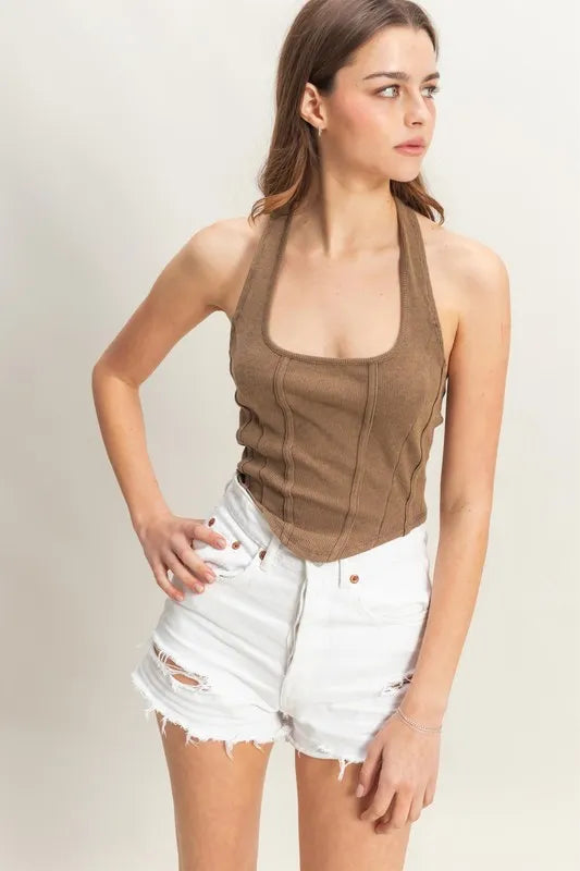 Hyfve Mineral Wash Halter Neck Top in Mocha