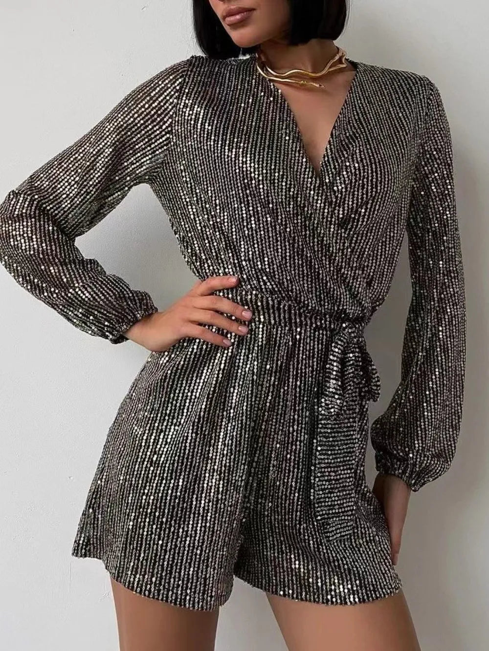 Sequin Surplice Tie Waist Romper