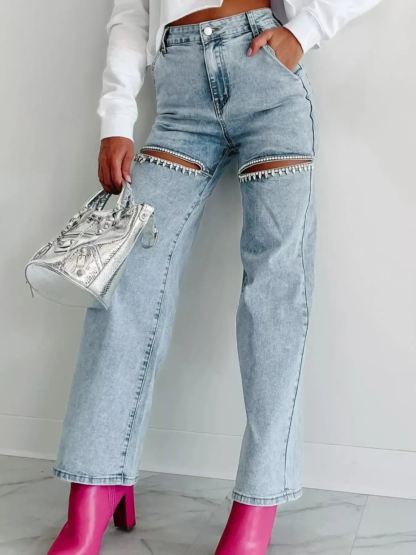 High Waist Cut-Out Wide Leg Jeans in Light Blue