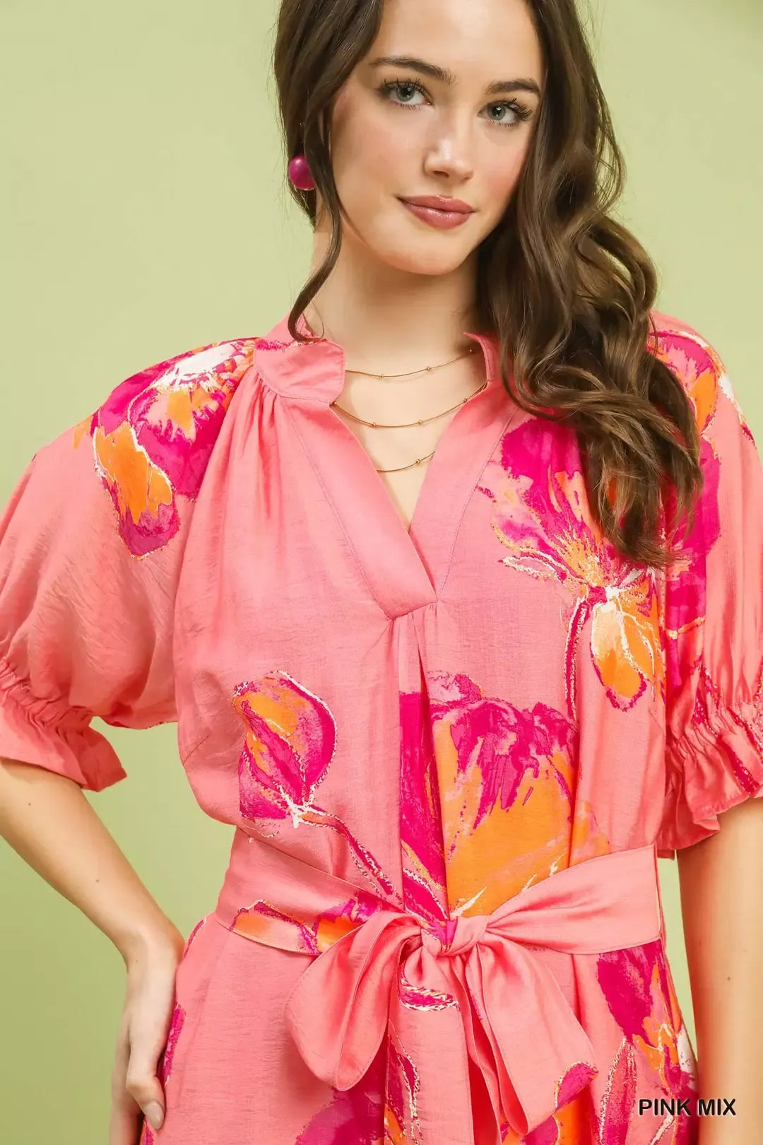 Umgee Belted Floral Flounce Sleeve Midi Dress in Pink Mix in Pinkmix