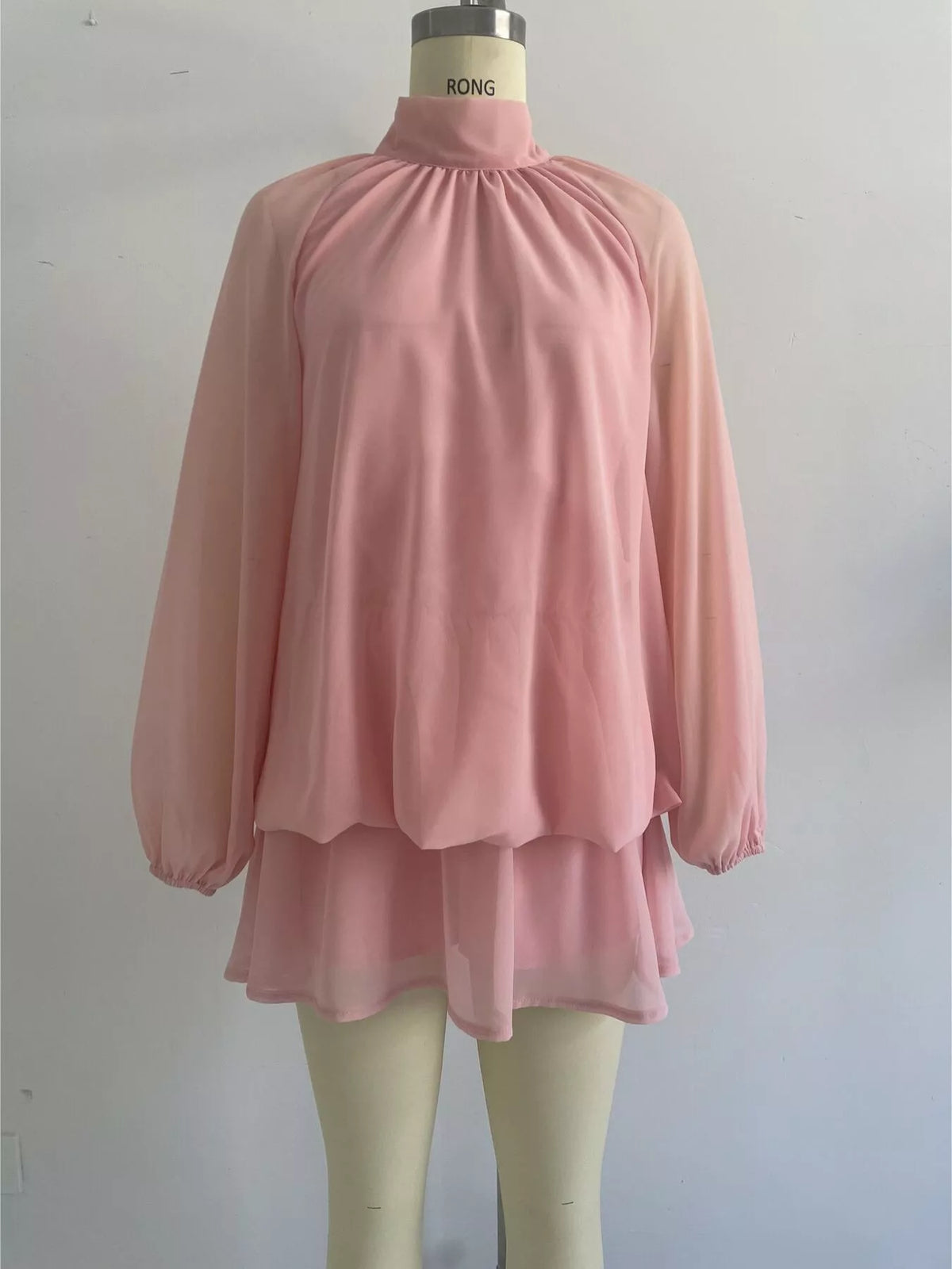 Mock Neck Sheer Chiffon Mini Dress