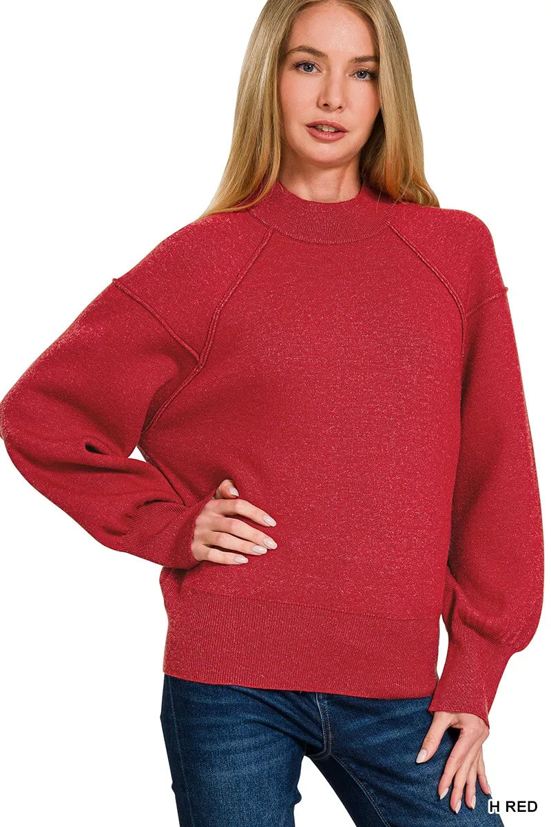Zenana Mock Neck Exposed Seam Sweater in Heather Red in H red