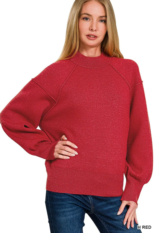 Zenana Mock Neck Exposed Seam Sweater in Heather Red in H red