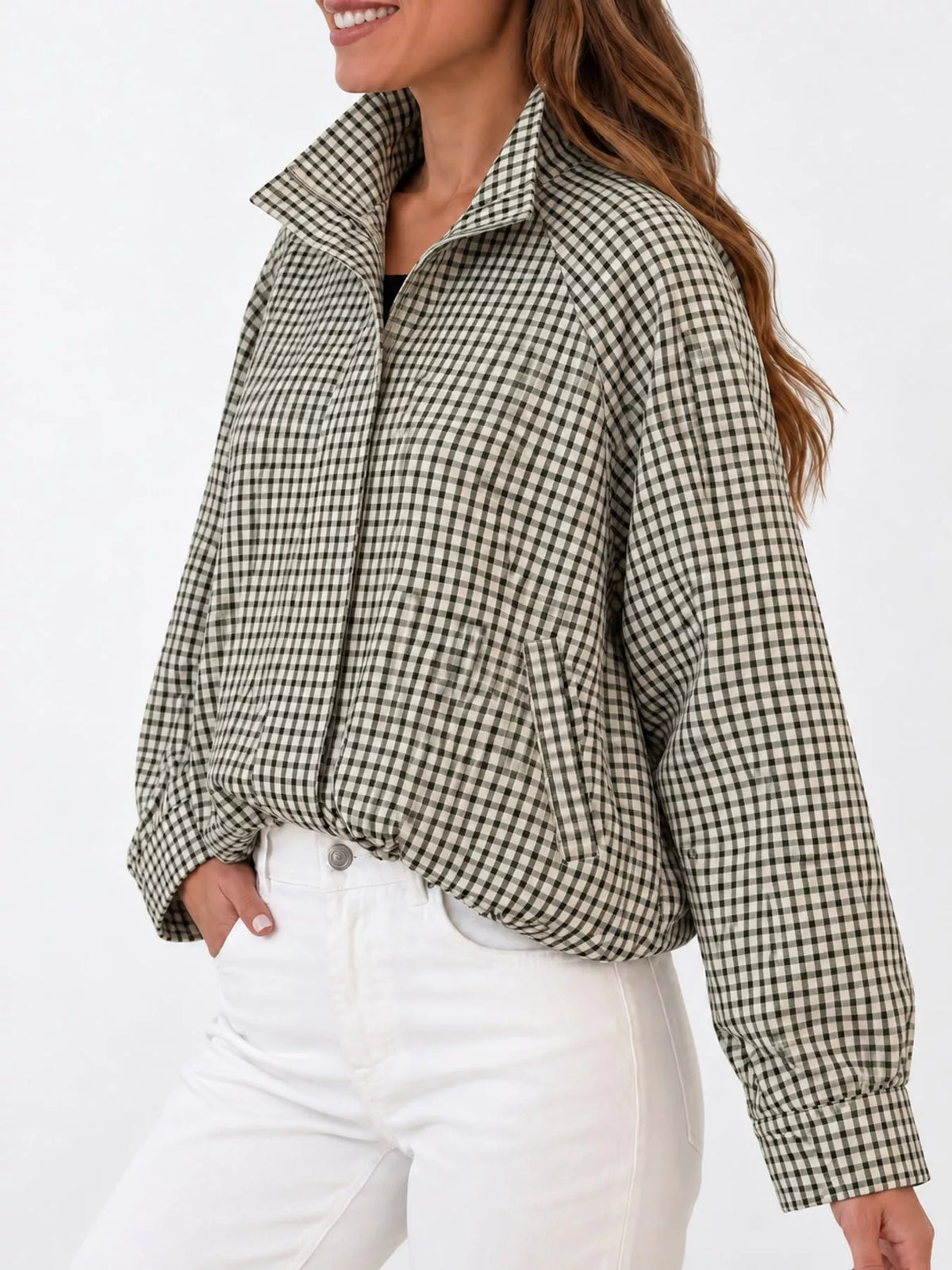 Plaid Stand-Collar Cropped Jacket