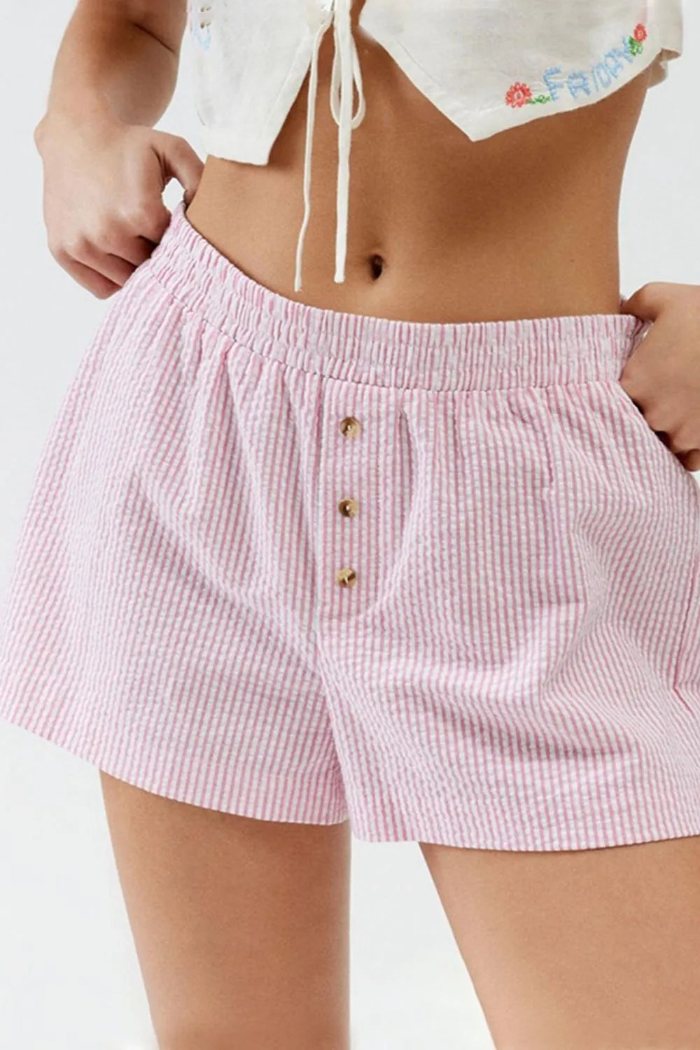 Striped Elastic Waist Shorts with Button Detail by Mystique Q