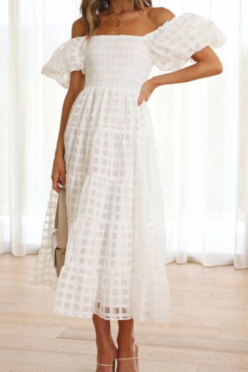 Off Shoulder Puff Sleeve Midi Dress