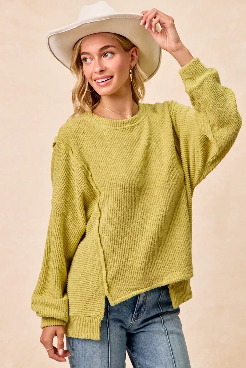 Boucle Uneven Hem Sweater in Lime by BiBi