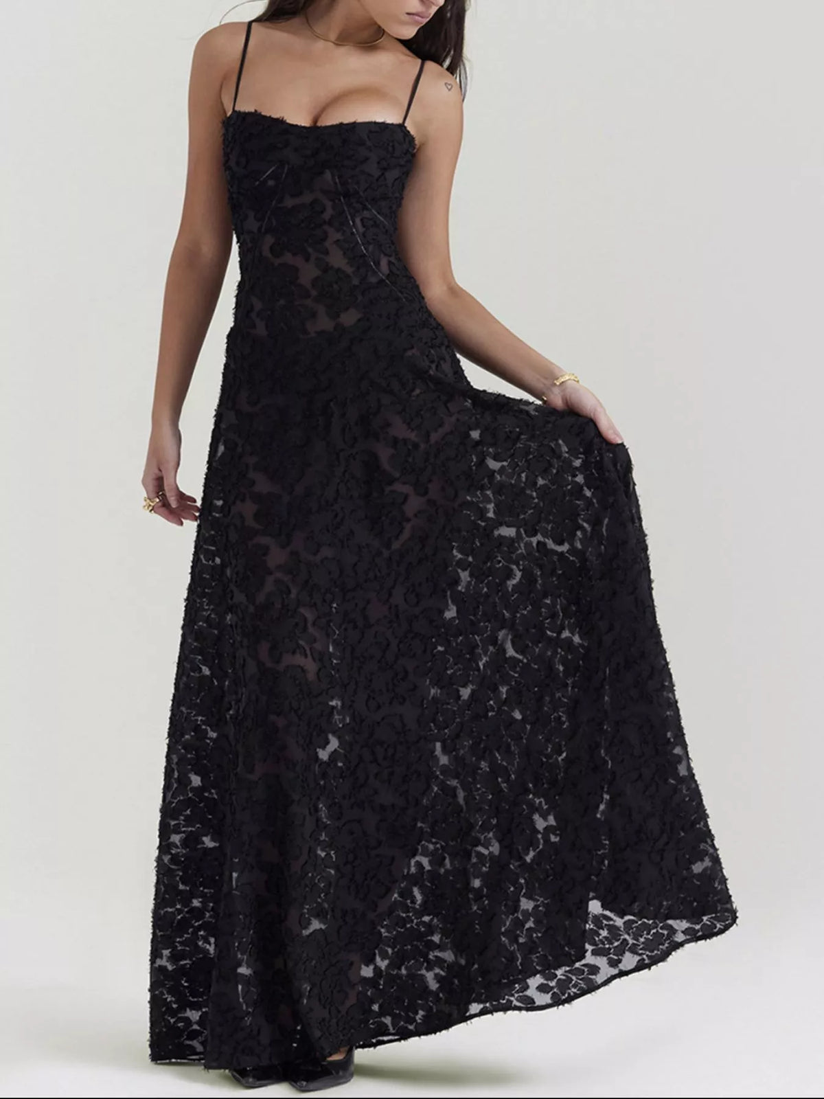Lace-Up Spaghetti Strap Maxi Dress in Black by Elegant Elements