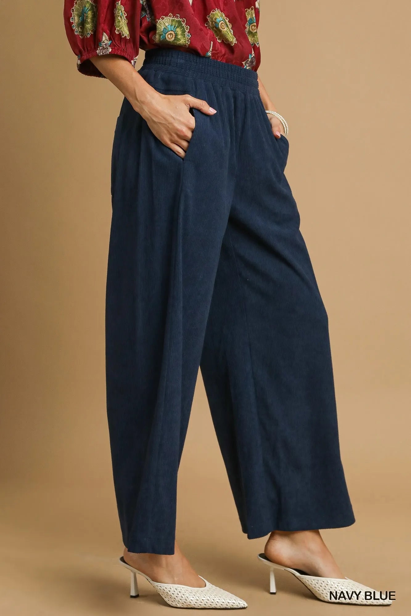 Umgee Wide-Leg Corduroy Pants in Navy Blue