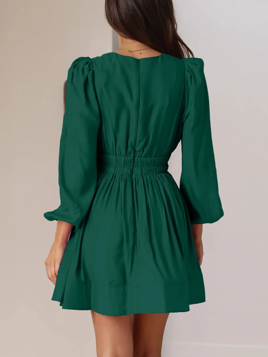 Ruched V-Neck Balloon-Sleeve Mini Dress