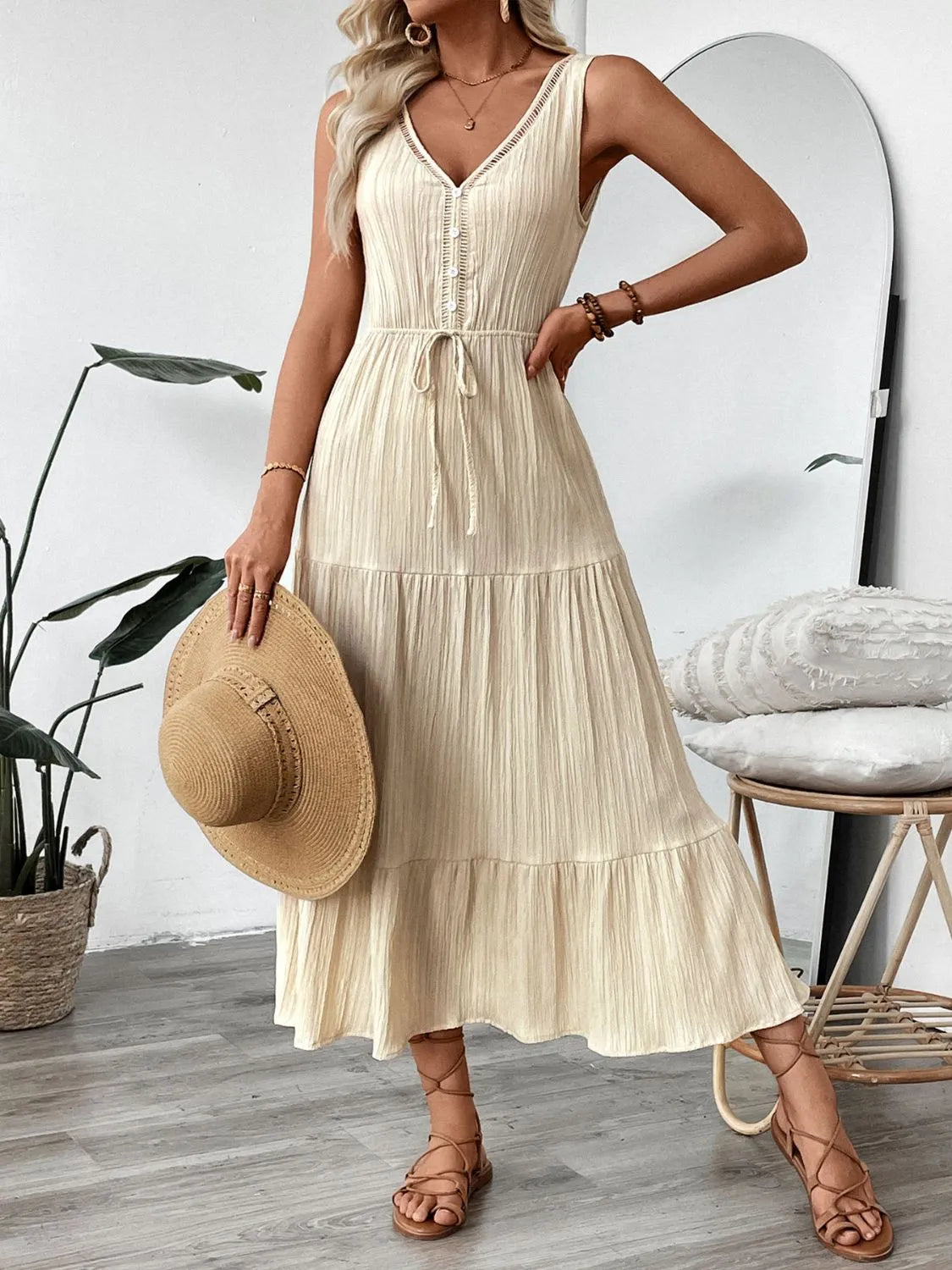 Decorative Button V-Neck Midi Dress in Tan
