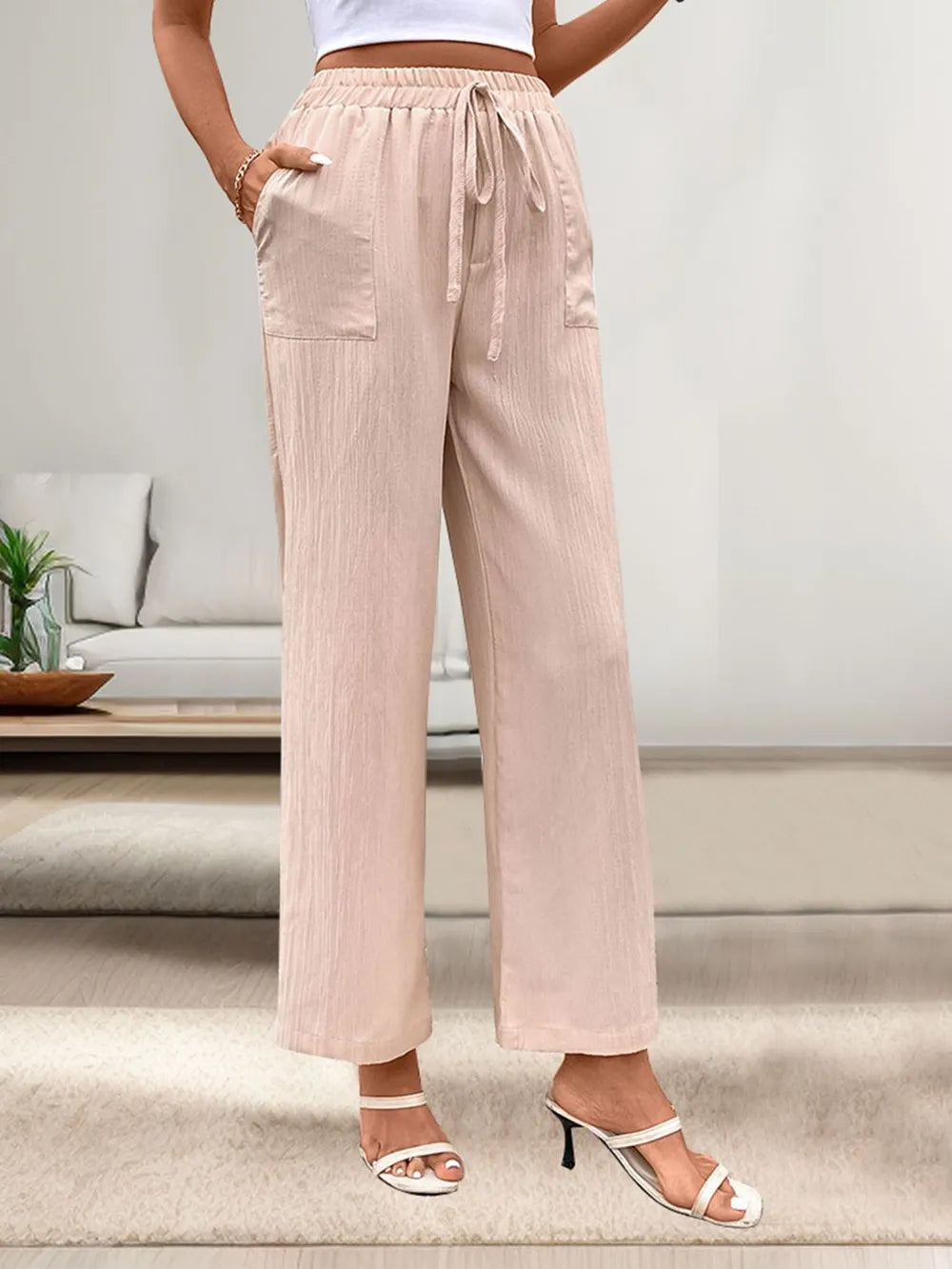 Tied Wide Leg Pants with Pockets in Apricot
