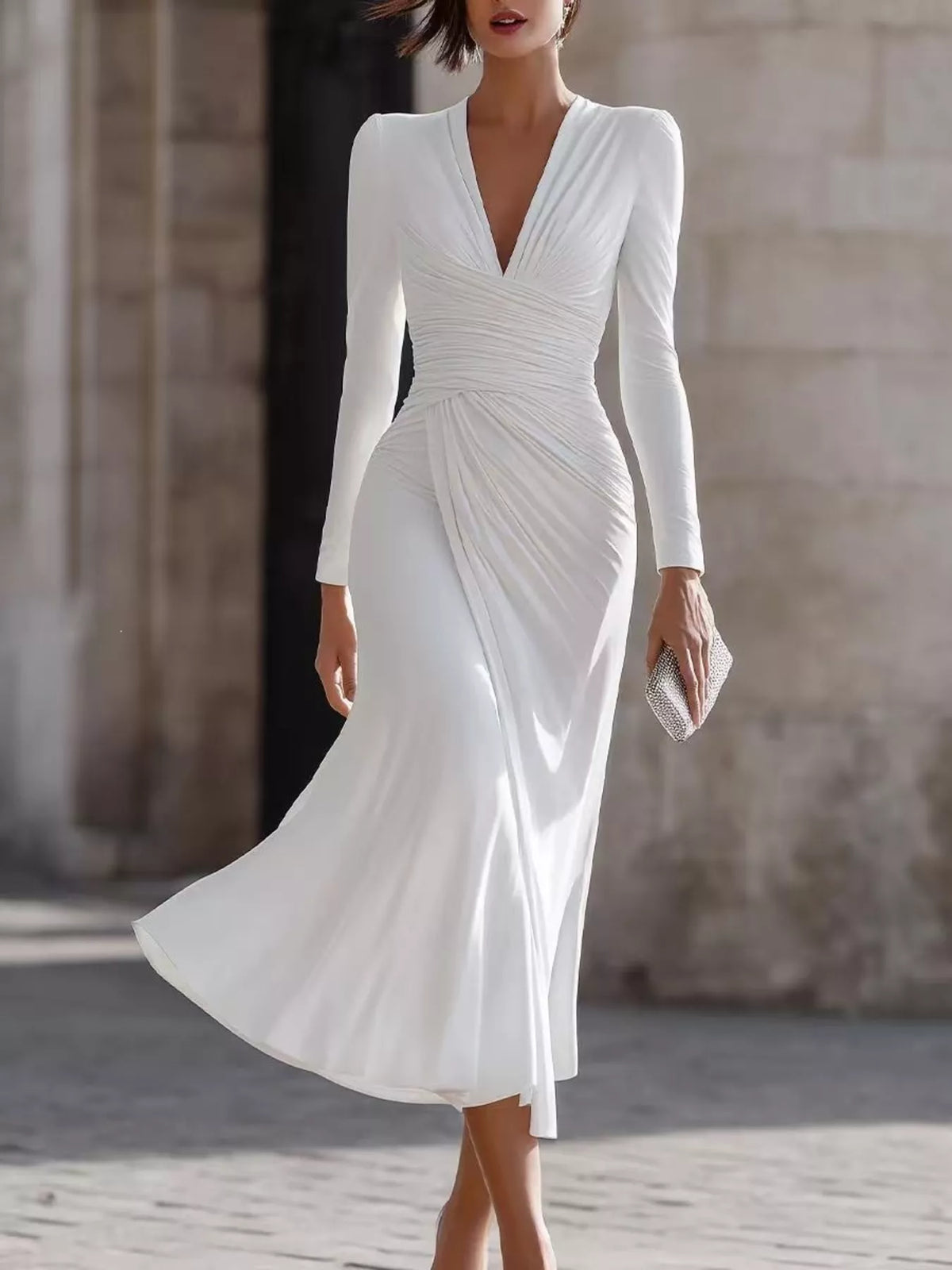 Ruched Long Sleeve Midi Dress