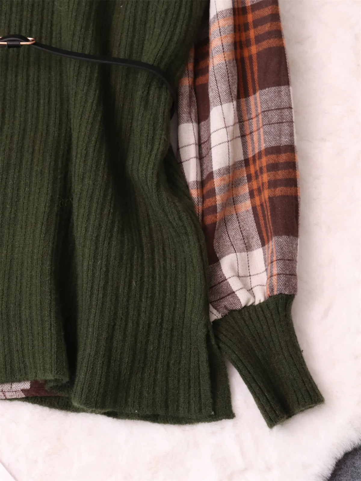 Plaid Long Sleeve Belted Sweater Dress