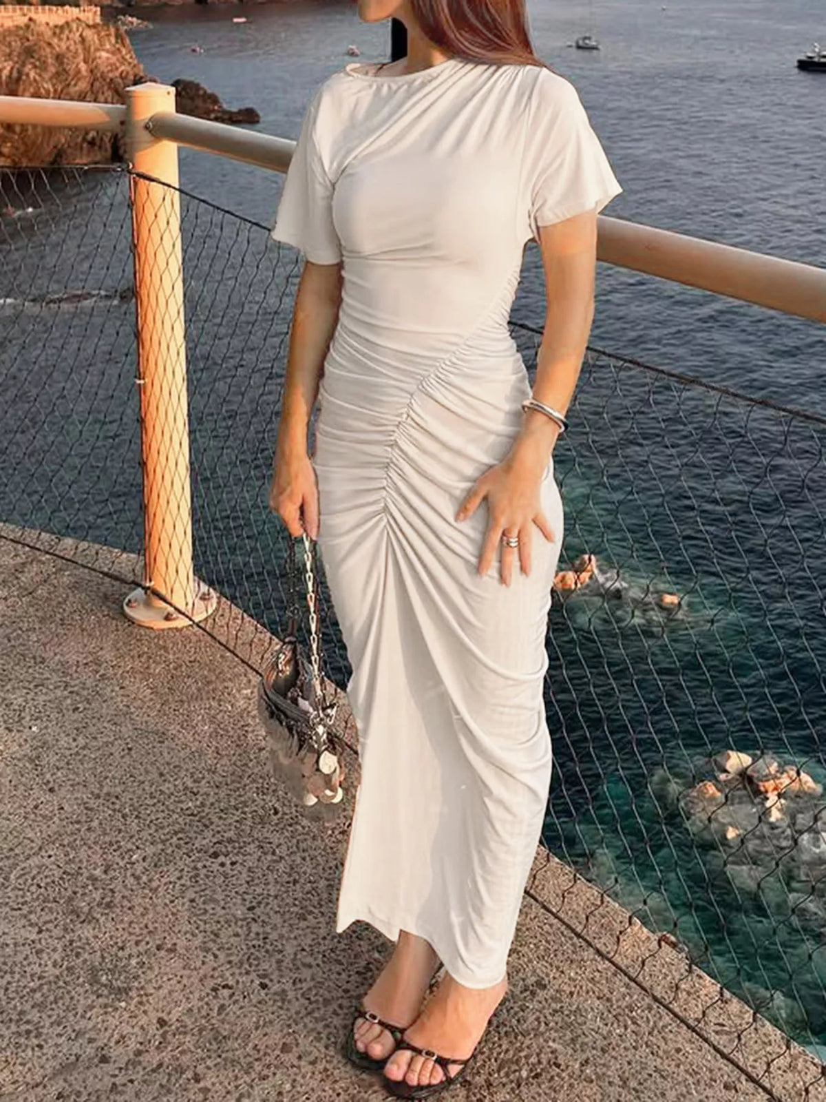 Ruched Short Sleeve Maxi Dress in Apricot