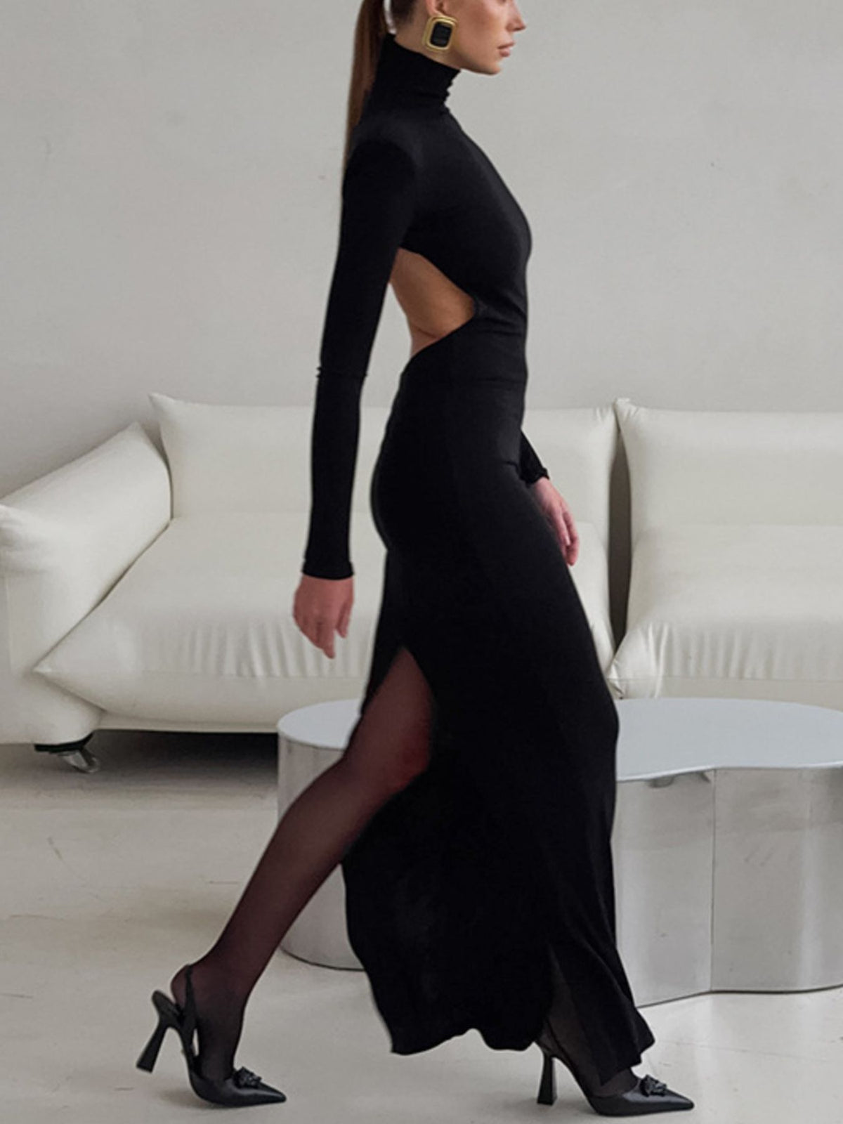 Backless Turtleneck Maxi Dress in Black