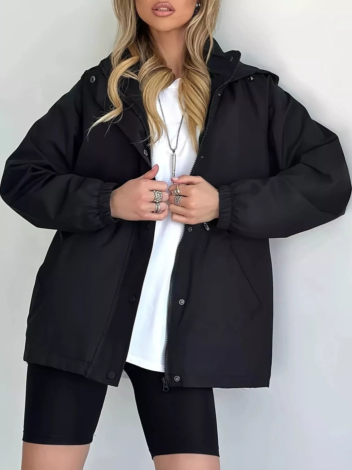 Hooded Drawstring Waist Windbreaker Jacket