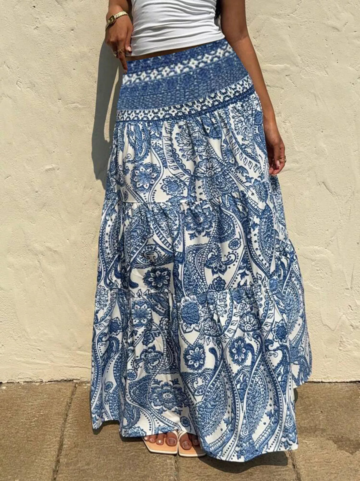 Paisley Print Tiered Maxi Skirt in Blue