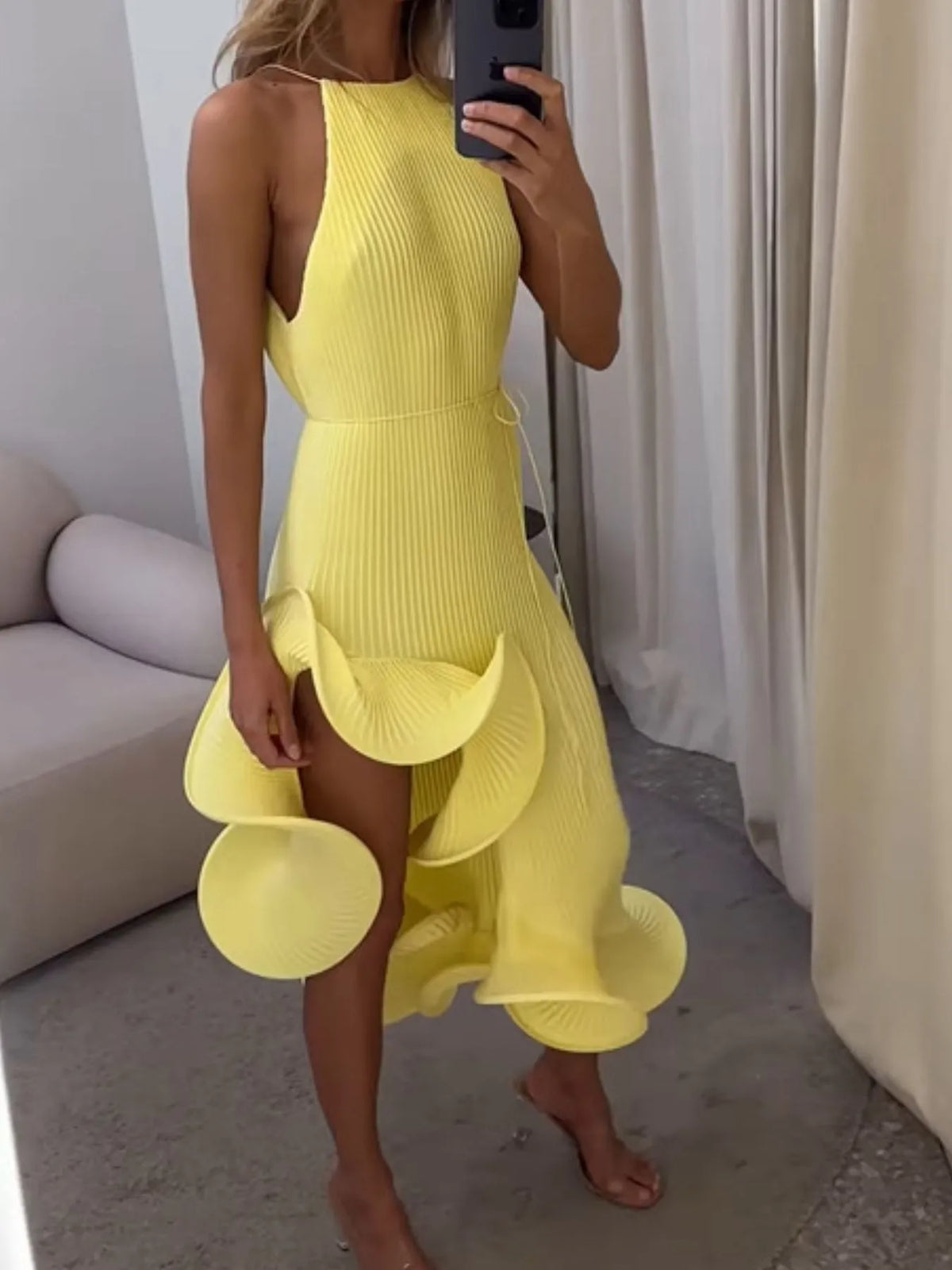 Ruffle Hem Ribbed Sleeveless Dress