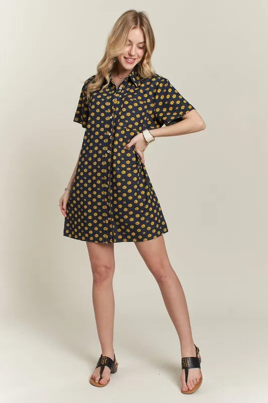 Floral Button-Up Mini Denim Dress in Dark Wash