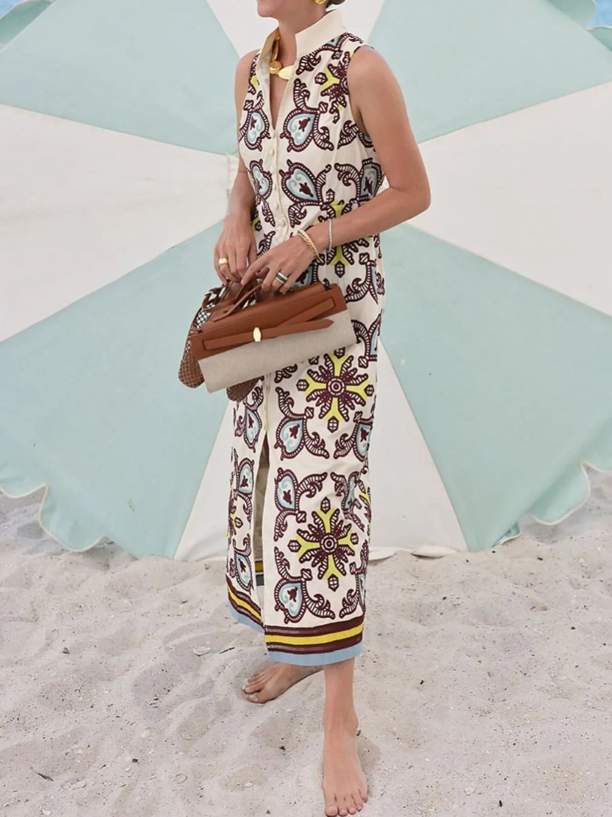 Printed Button-Front Sleeveless Dress in Cream
