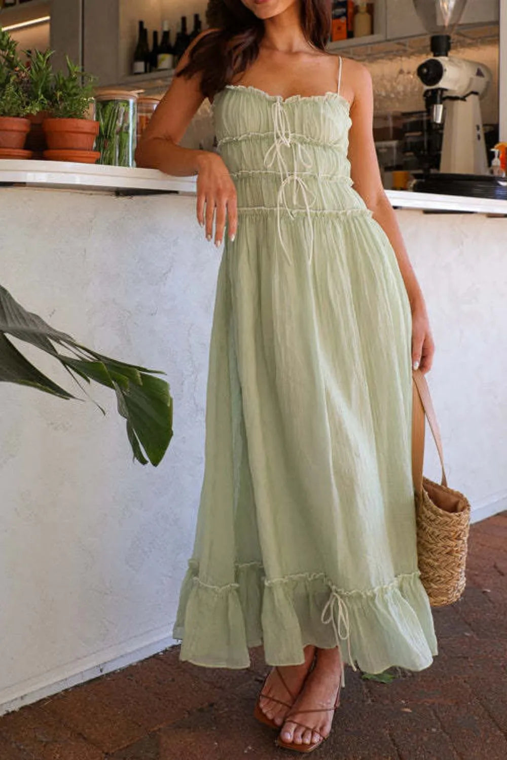 Ruffled Hem Frill Midi Cami Dress in Light Green