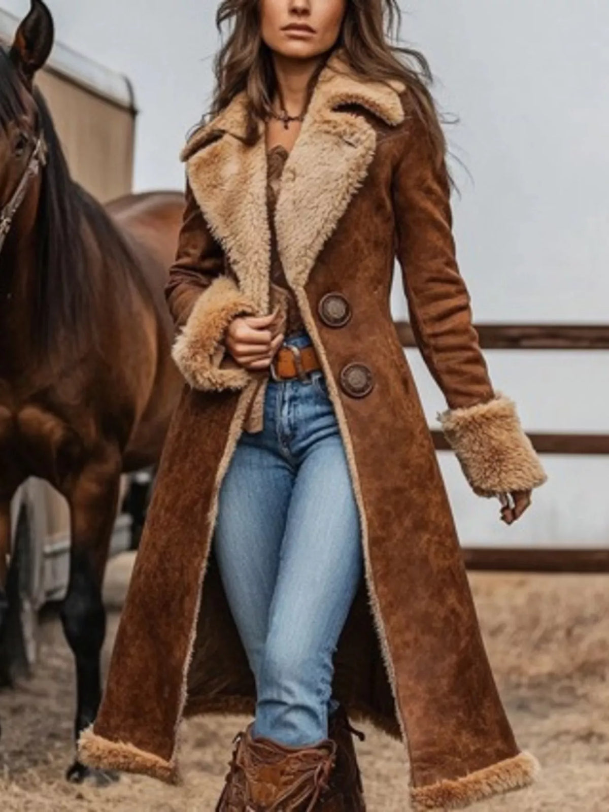 Vintage-Inspired Faux Suede Shearling Coat in Brown
