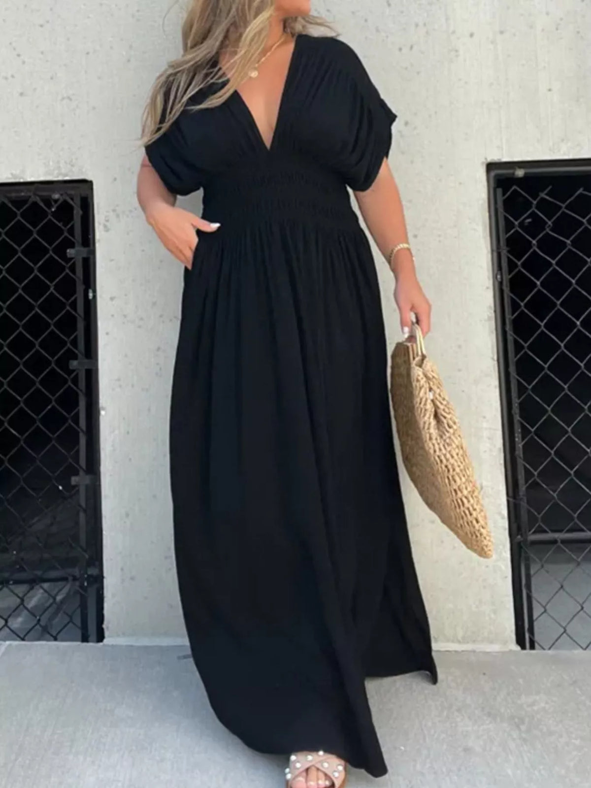 Smocked Waist V-Neck Slit Maxi Dress