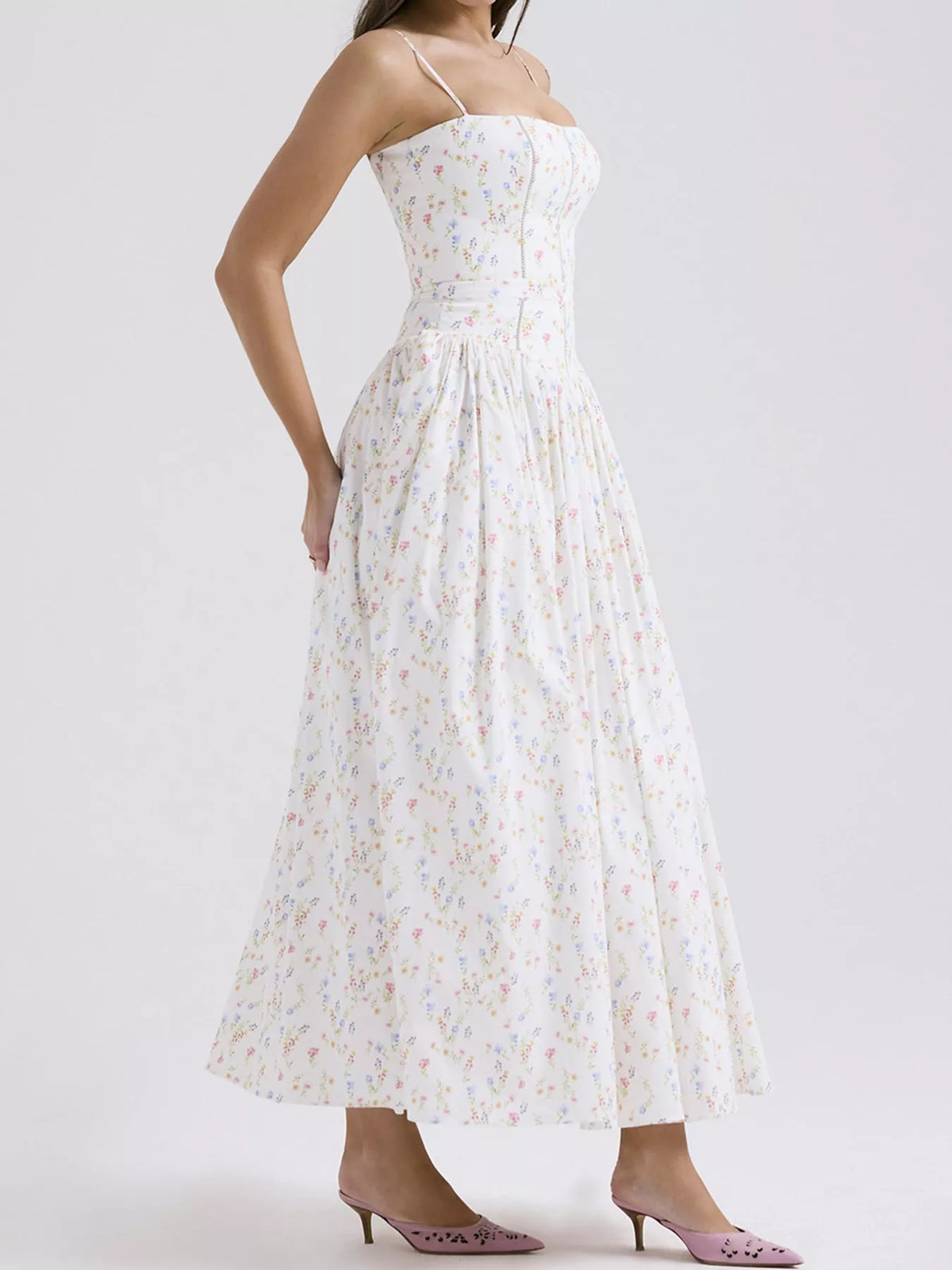 Floral Spaghetti Strap Midi Dress in White